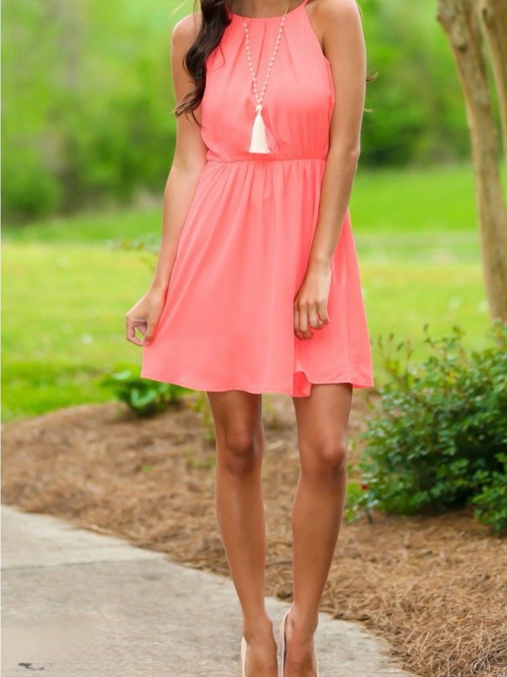 Coral Pink Midi Dress with Spaghetti Straps 0373